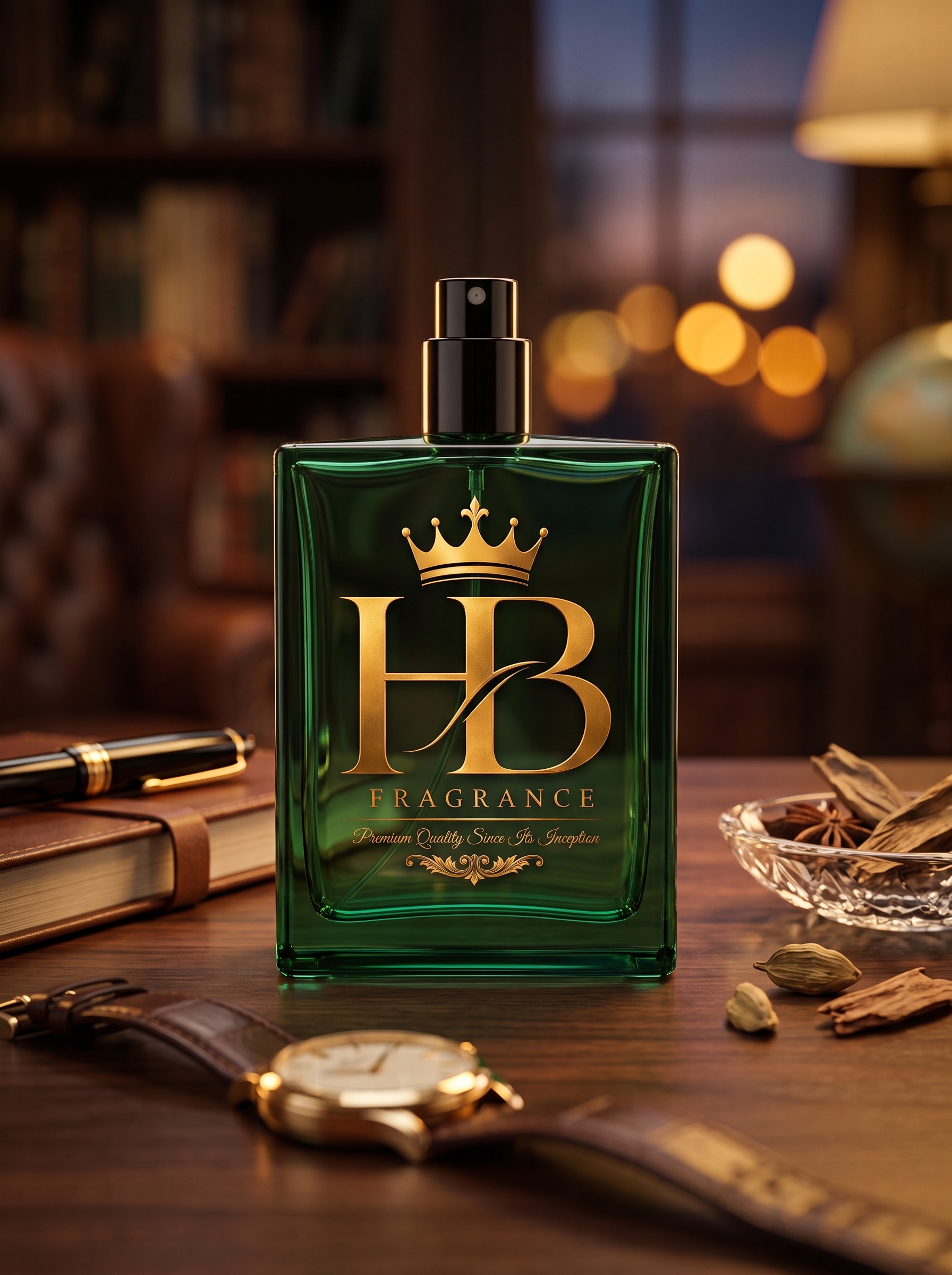 HB Fragrance premium black perfume bottle with gold cap